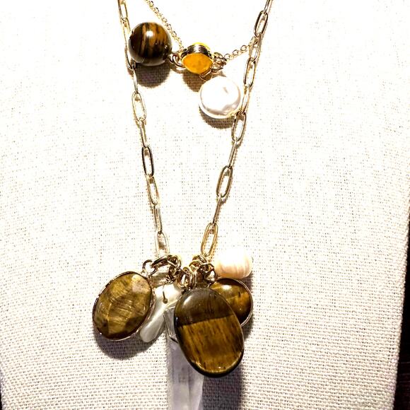 NWT 2 Chic Necklace 18K Gold Plated 2Chic Pendant Brown stone Multilayer Western - Picture 3 of 9